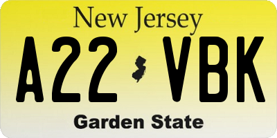 NJ license plate A22VBK
