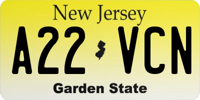NJ license plate A22VCN