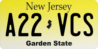 NJ license plate A22VCS