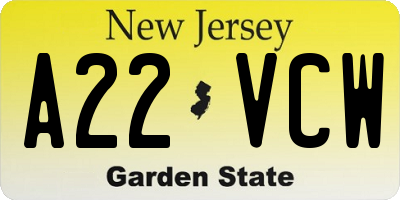 NJ license plate A22VCW