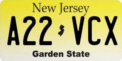 NJ license plate A22VCX