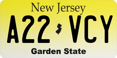 NJ license plate A22VCY