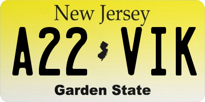 NJ license plate A22VIK