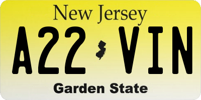 NJ license plate A22VIN