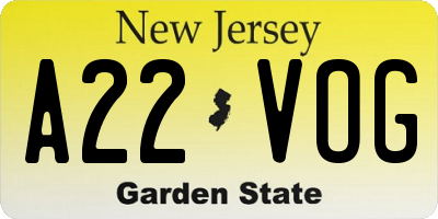 NJ license plate A22VOG