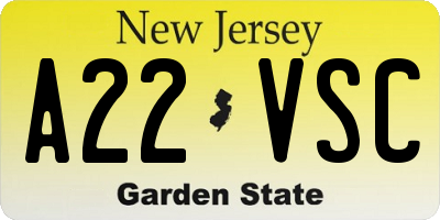 NJ license plate A22VSC
