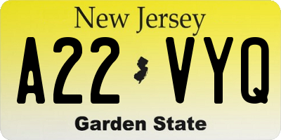 NJ license plate A22VYQ