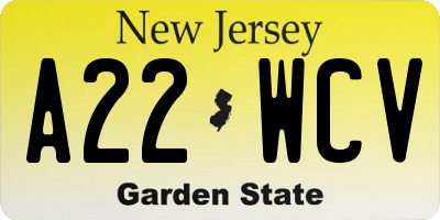 NJ license plate A22WCV