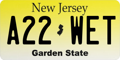 NJ license plate A22WET