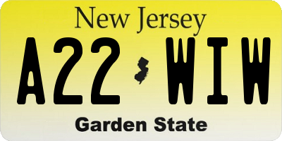 NJ license plate A22WIW