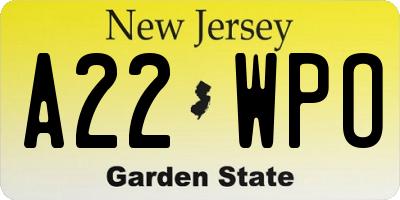 NJ license plate A22WPO
