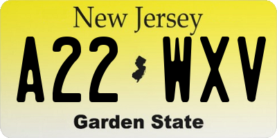 NJ license plate A22WXV