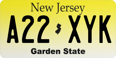NJ license plate A22XYK