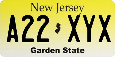 NJ license plate A22XYX