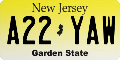 NJ license plate A22YAW