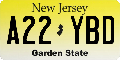 NJ license plate A22YBD