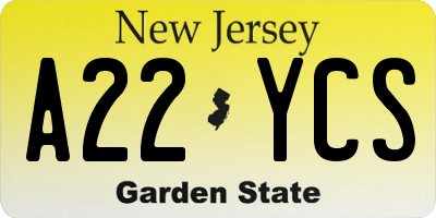 NJ license plate A22YCS