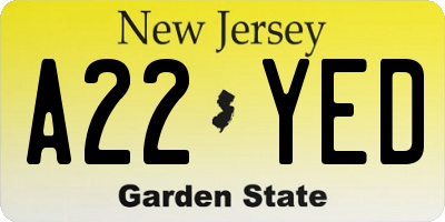 NJ license plate A22YED