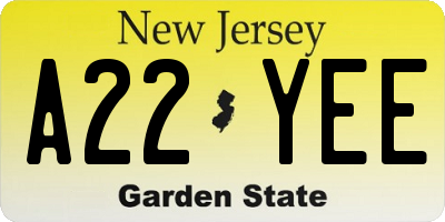 NJ license plate A22YEE