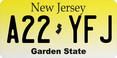 NJ license plate A22YFJ