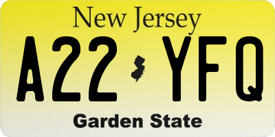 NJ license plate A22YFQ