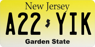 NJ license plate A22YIK