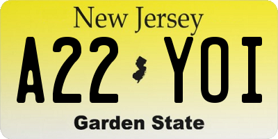 NJ license plate A22YOI