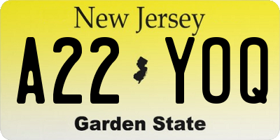 NJ license plate A22YOQ
