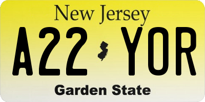 NJ license plate A22YOR