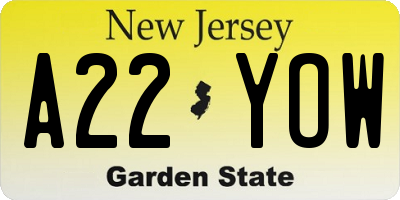 NJ license plate A22YOW