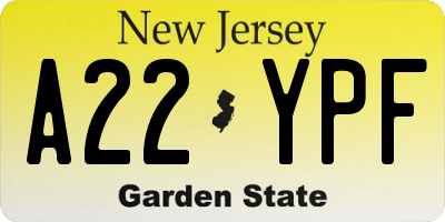 NJ license plate A22YPF