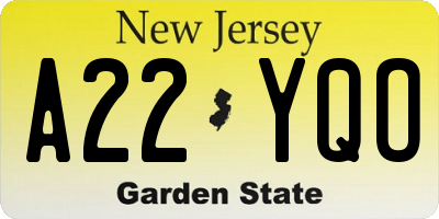 NJ license plate A22YQO