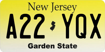 NJ license plate A22YQX