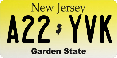 NJ license plate A22YVK