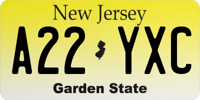 NJ license plate A22YXC