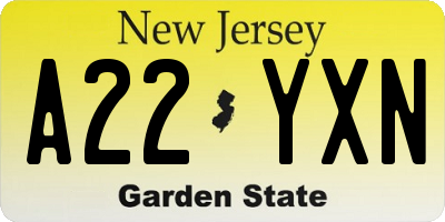 NJ license plate A22YXN