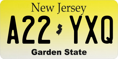 NJ license plate A22YXQ