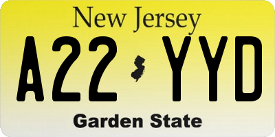 NJ license plate A22YYD
