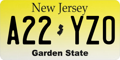 NJ license plate A22YZO