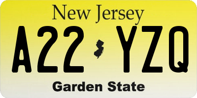 NJ license plate A22YZQ