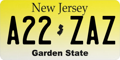 NJ license plate A22ZAZ