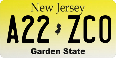 NJ license plate A22ZCO
