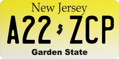 NJ license plate A22ZCP