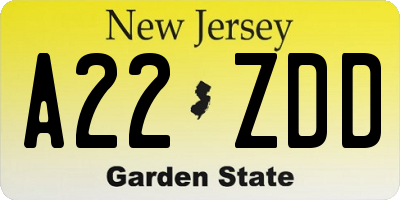NJ license plate A22ZDD