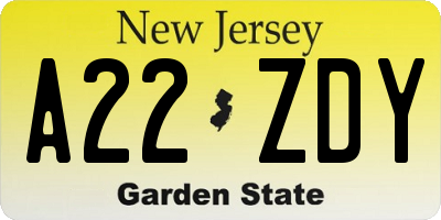 NJ license plate A22ZDY