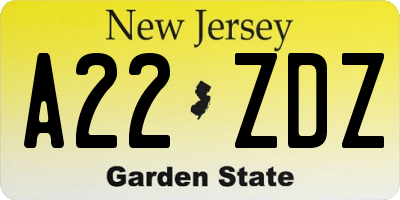 NJ license plate A22ZDZ