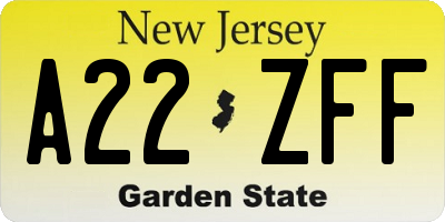 NJ license plate A22ZFF