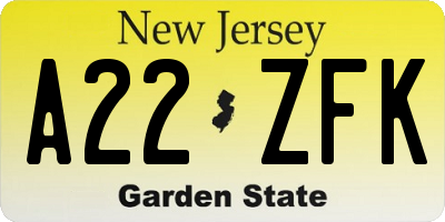 NJ license plate A22ZFK