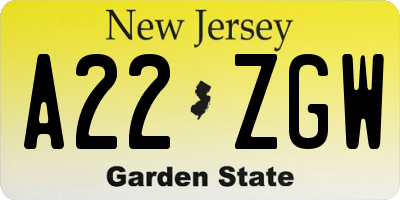NJ license plate A22ZGW