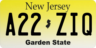 NJ license plate A22ZIQ